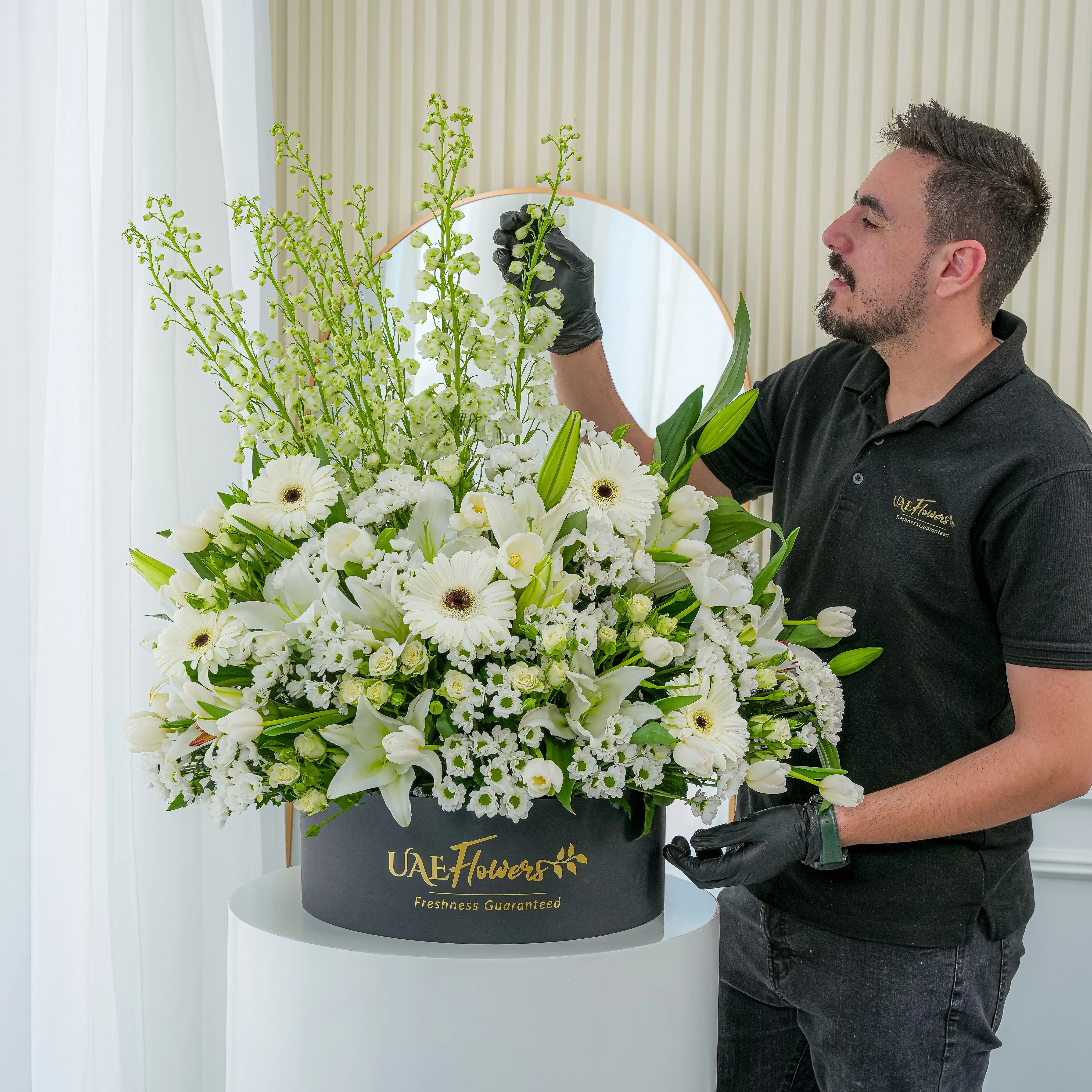 White Floral Arrangement in Black Box