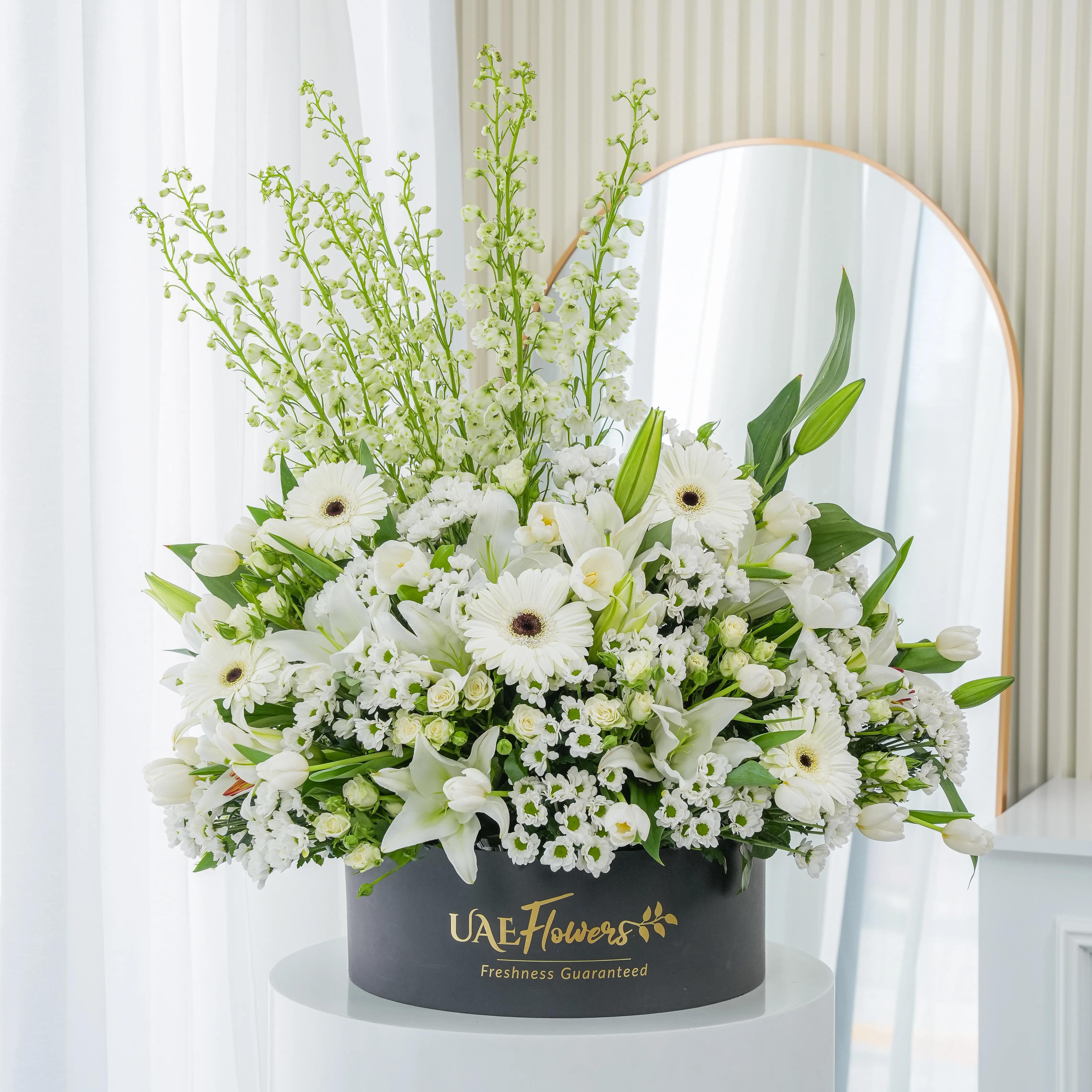 White Floral Arrangement in Black Box