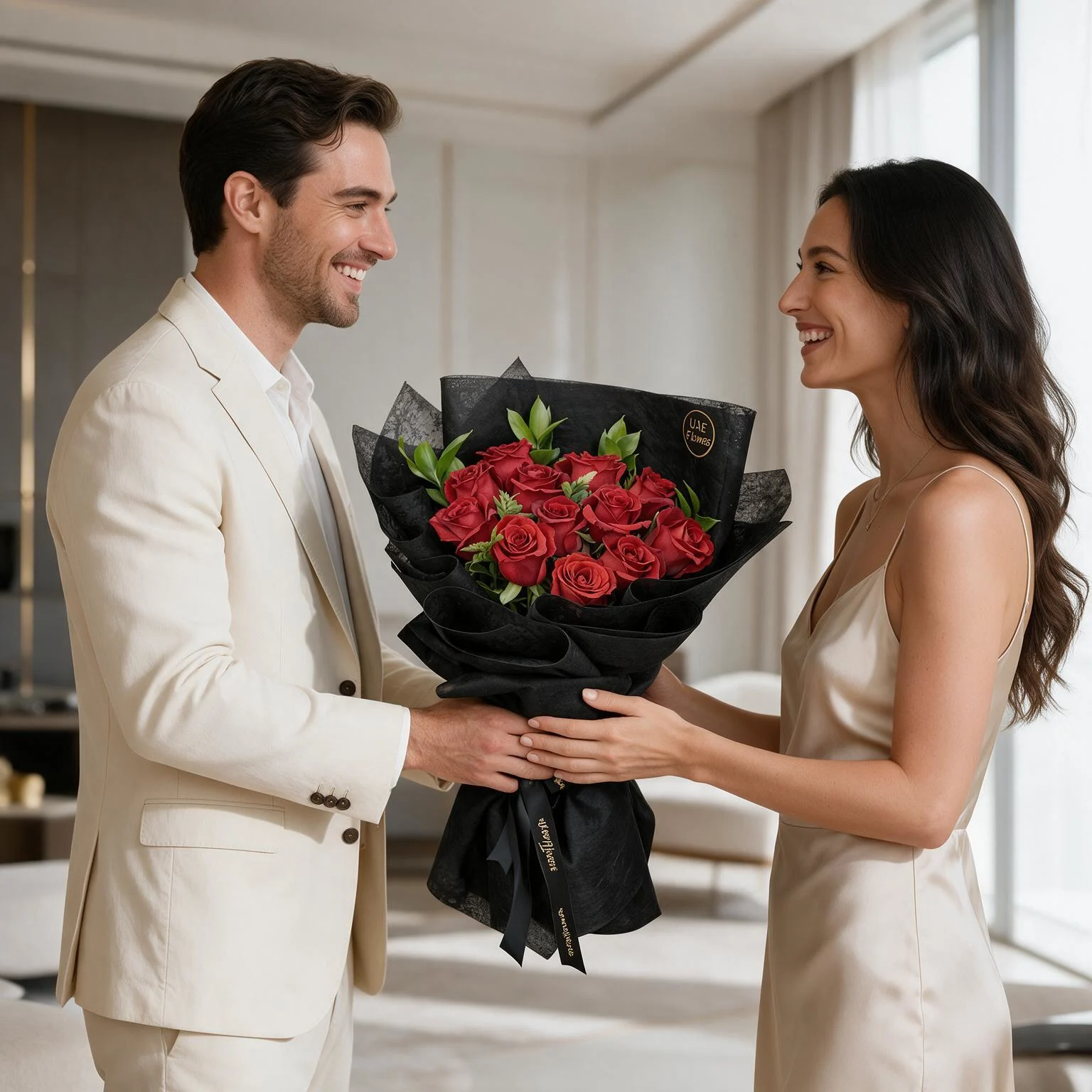 Bouquet of 12 red roses with green fillers in black wrapping paper.