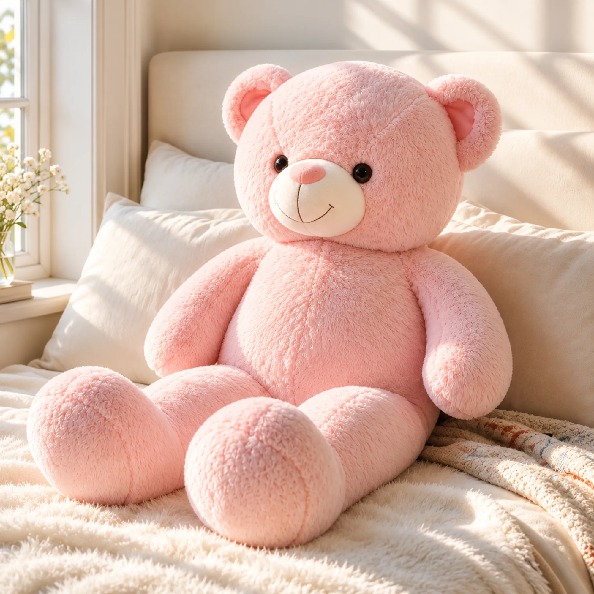 95 CM pink teddy bear sitting on a fluffy white rug next to decorative pillows, offering warm and cuddly hugs. Perfect for gifts, birthdays, anniversaries, or romantic surprises.
