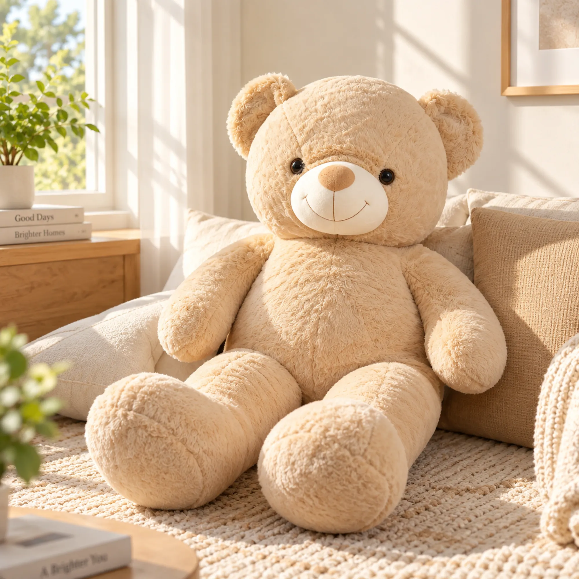 95 CM brown teddy bear sitting next to a woman on a sofa, offering warm and cuddly hugs. Perfect for gifts, birthdays, anniversaries, or romantic surprises.