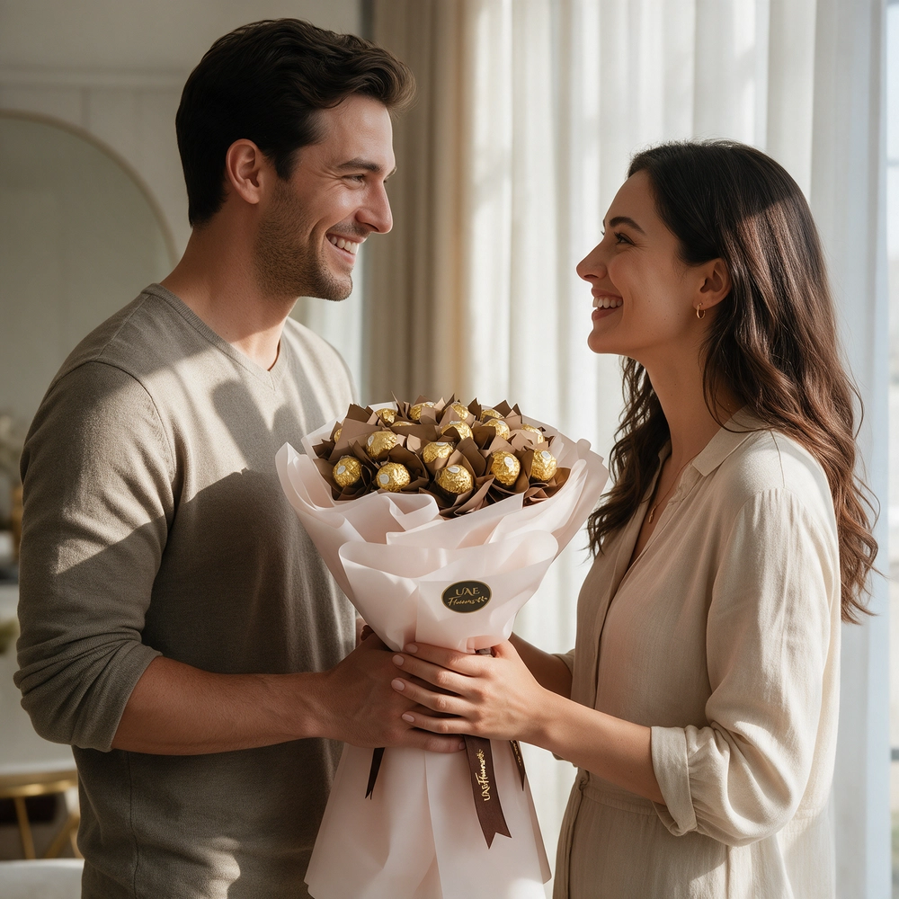 Bouquet of 16 Ferrero Rocher chocolates elegantly wrapped in paper and tied with ribbons, perfect for birthdays, anniversaries, or romantic gifting.