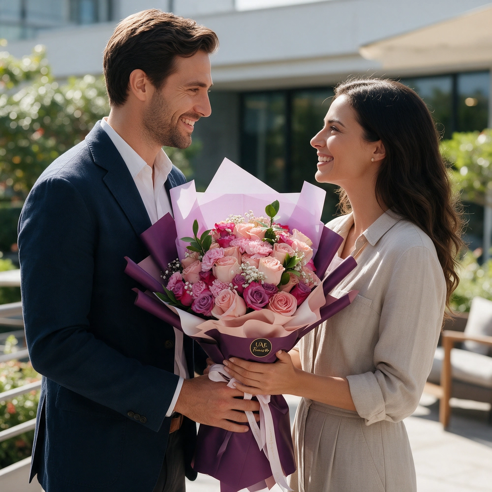 A bouquet of 9 light pink roses, 6 purple roses & 3 light pink carnations with fillers in a purple and grey wrapping paper tied with grey ribbon