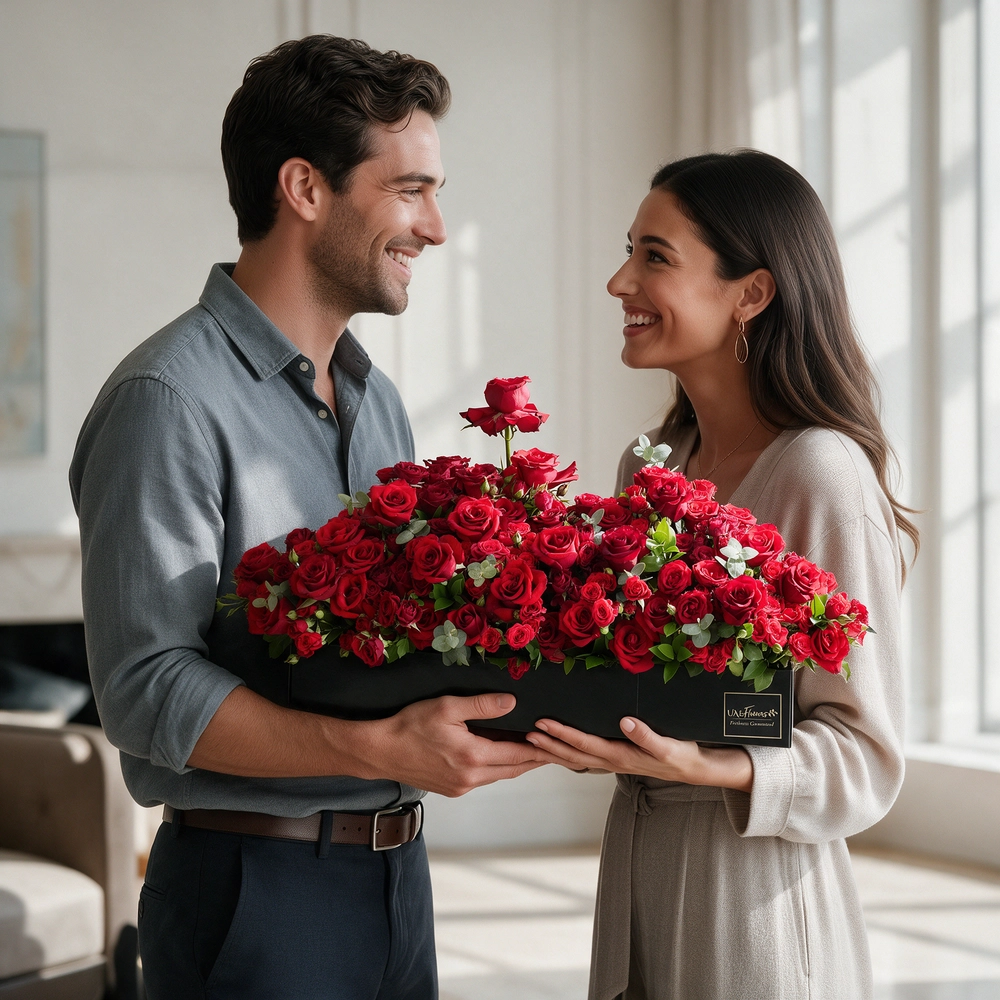 Arrangement of 50 red roses and 30 red spray roses with green fillers in a long black box.
