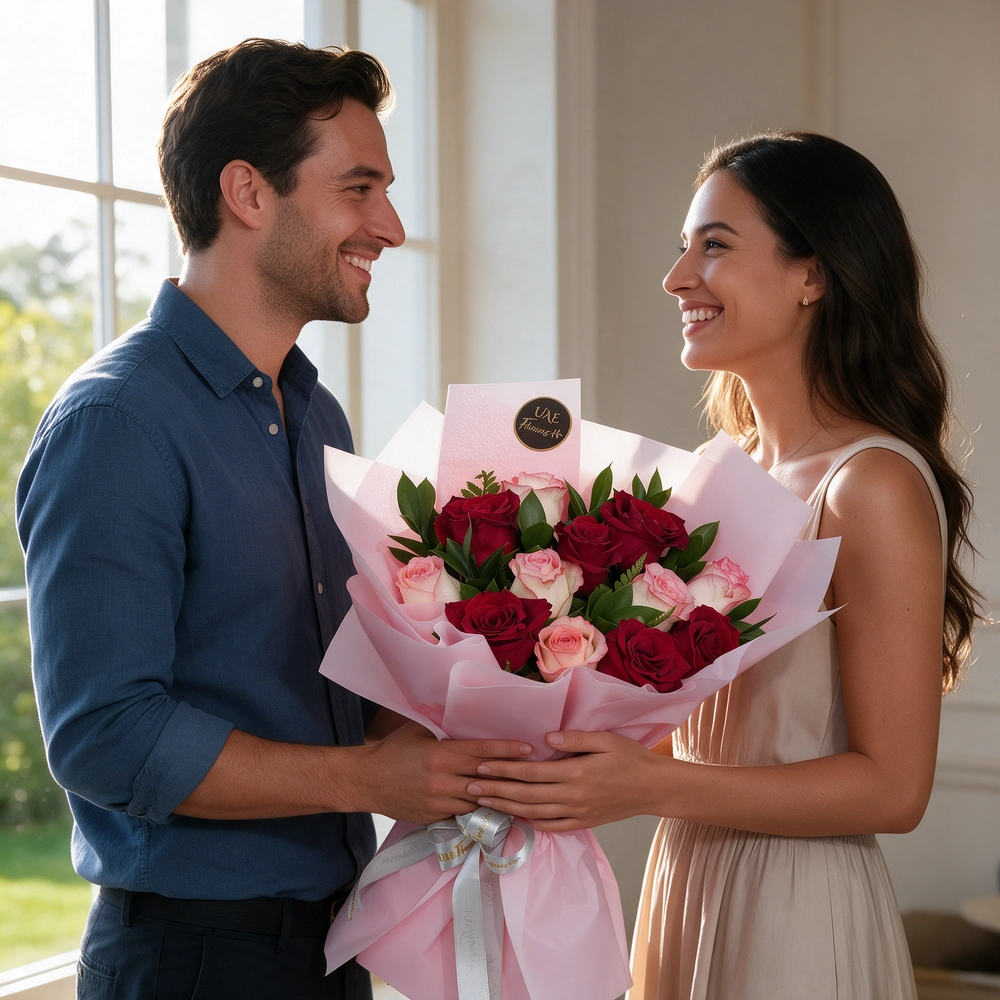 Bouquet of 12 red and pink roses with green fillers in pink wrapping paper.