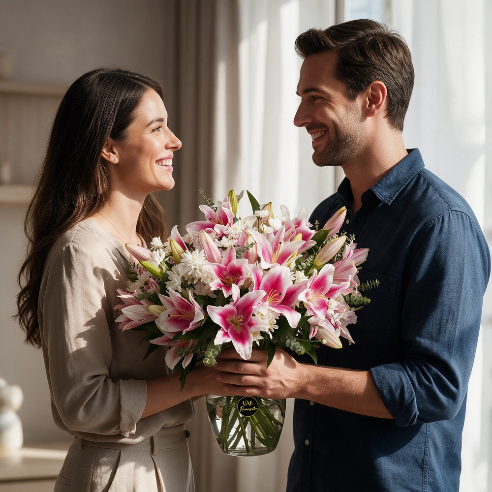 10 pink lilies and 5 white chrysanthemums