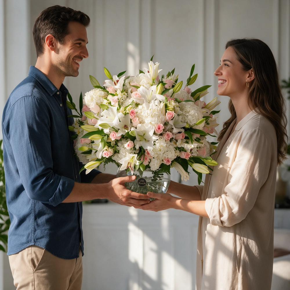 Clear glass vase with white hydrangeas, lilies, alstroemeria, and pink roses, accented with lush green fillers.