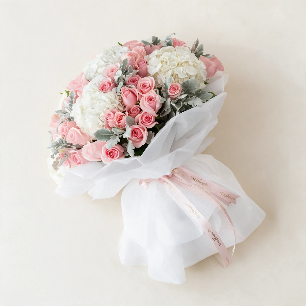 Luxury pink roses and white hydrangeas bouquet UAE