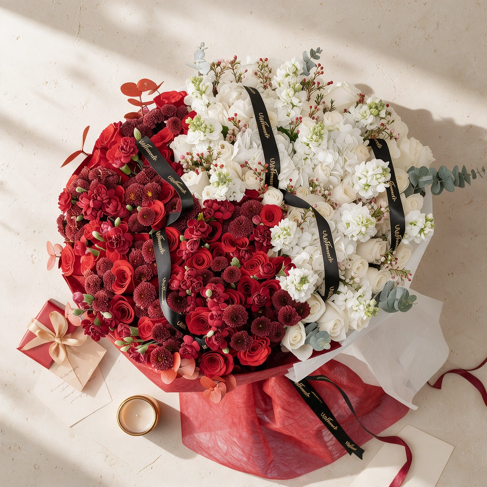 Bouquet of 25 red roses, 15 red chrysanthemums, 10 red spray carnations, 3 white hydrangeas, 25 white roses and 10 white matthiola with eucalyptus leaf in red and white wrapping paper tied with ribbon.