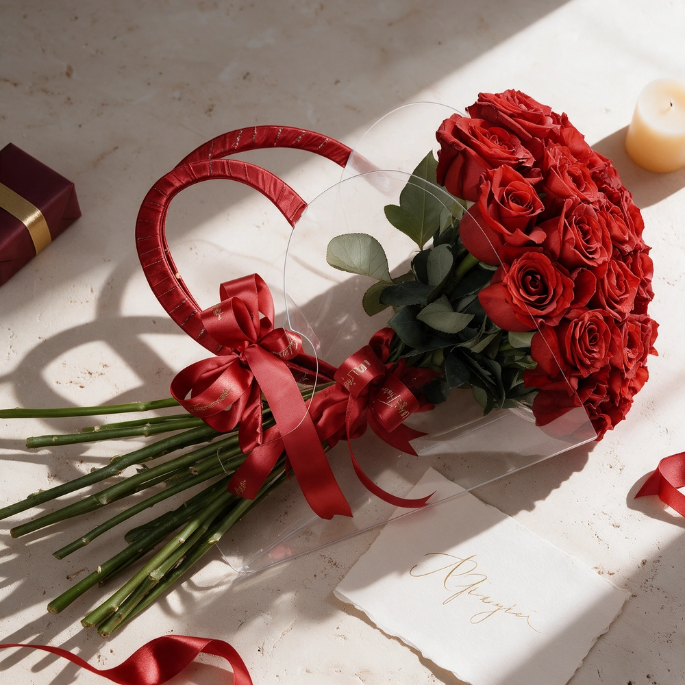 17 red roses placed in a transparent acrylic bag, tied with a ribbon