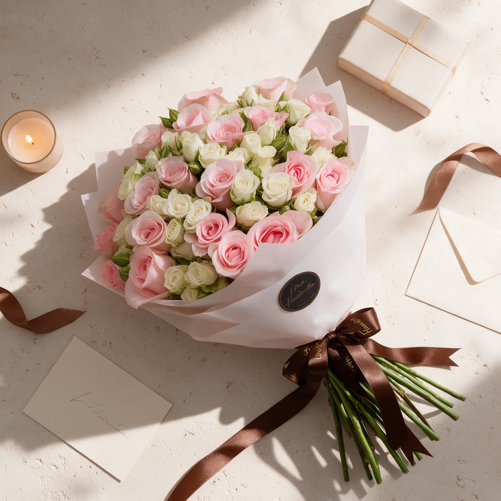 Bouquet of pink roses and white spray roses wrapped in elegant paper and tied with soft ribbons
