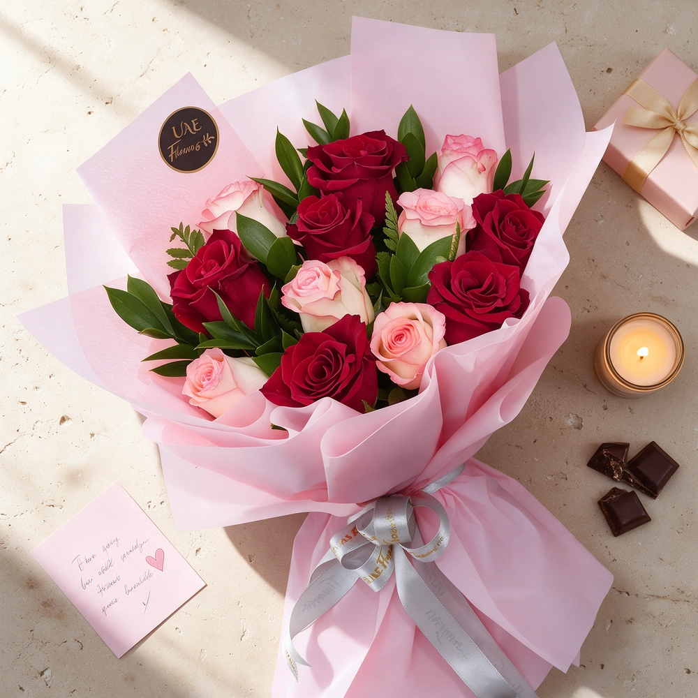 Bouquet of 12 red and pink roses with green fillers in pink wrapping paper.