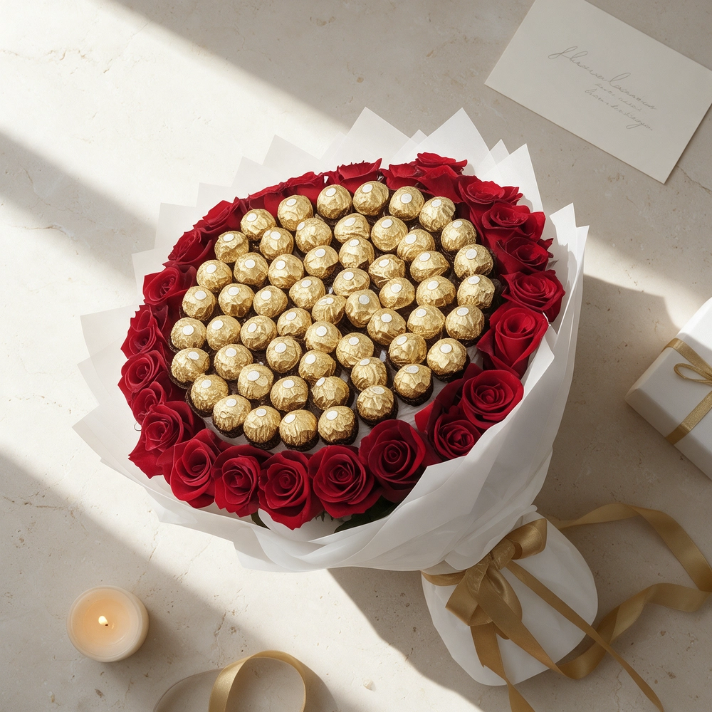 Grand Ferrero Rose Bouquet with 48 Ferrero Rocher chocolates, fresh red roses, premium white wrapping, and gold ribbon luxury gift arrangement.