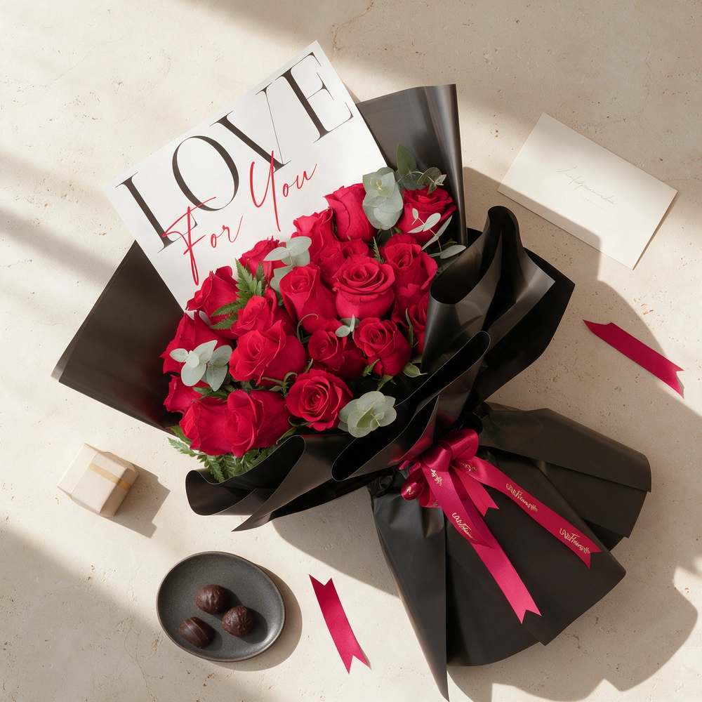 20 red roses with green fillers, wrapped in black and tied with red ribbons.