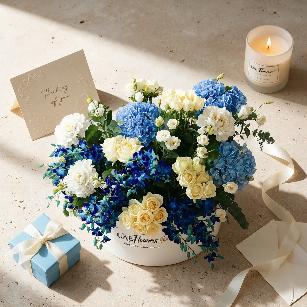 4 blue and 4 white hydrangeas, 30 orchids, 50 roses, and 10 lisianthus.