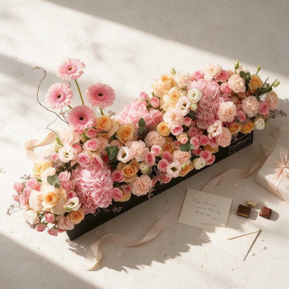 Arrangement of 4 pink gerberas, 3 pink hydrangeas, 20 pink carnations, 20 pink spray roses and 30 peach roses with green fillers in a long black box.