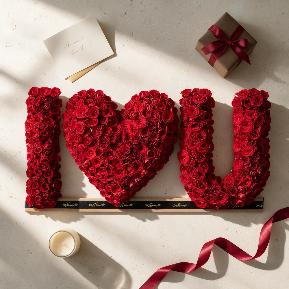 350 red spray rose buds arranged in an I Love You shape