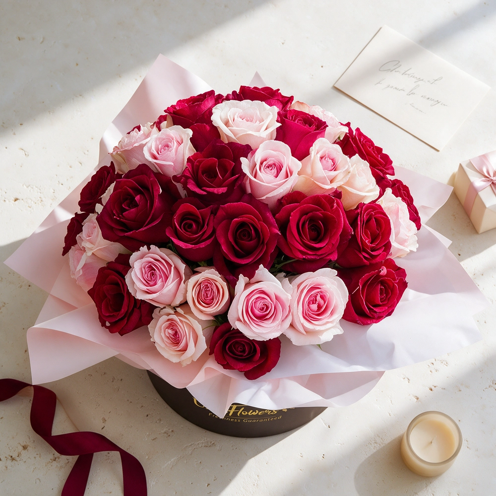20 red and 20 pink roses neatly wrapped in a round box.