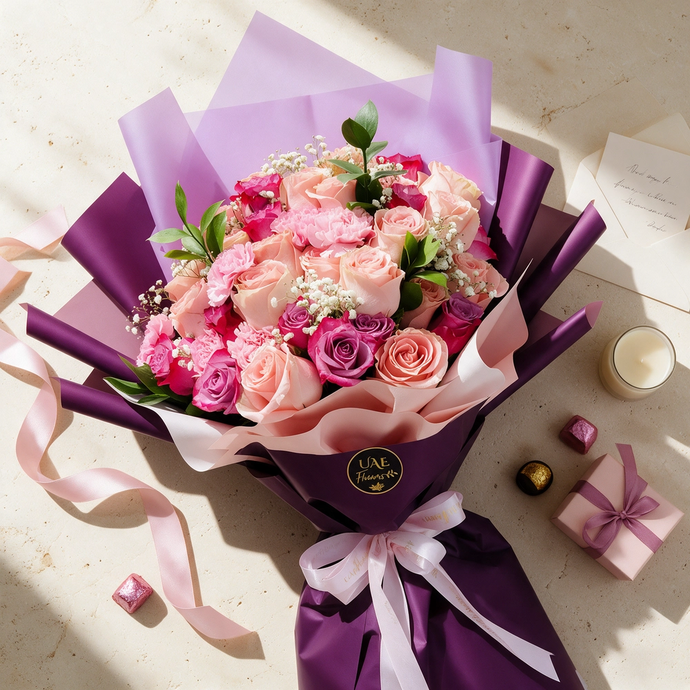 A bouquet of 9 light pink roses, 6 purple roses & 3 light pink carnations with fillers in a purple and grey wrapping paper tied with grey ribbon