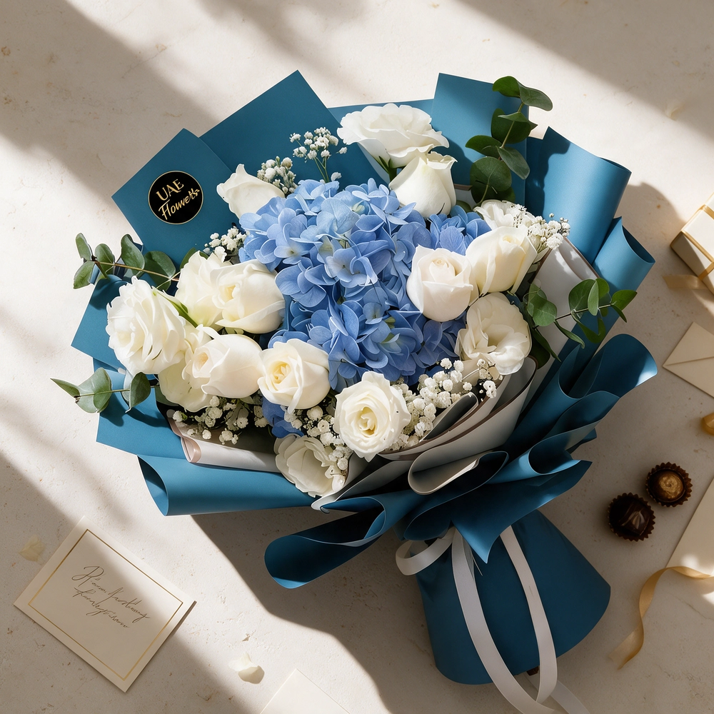 A bouquet of 1 blue hydrangea and 14 white rose with baby breath in blue and white wrapping paper tied with white ribbon