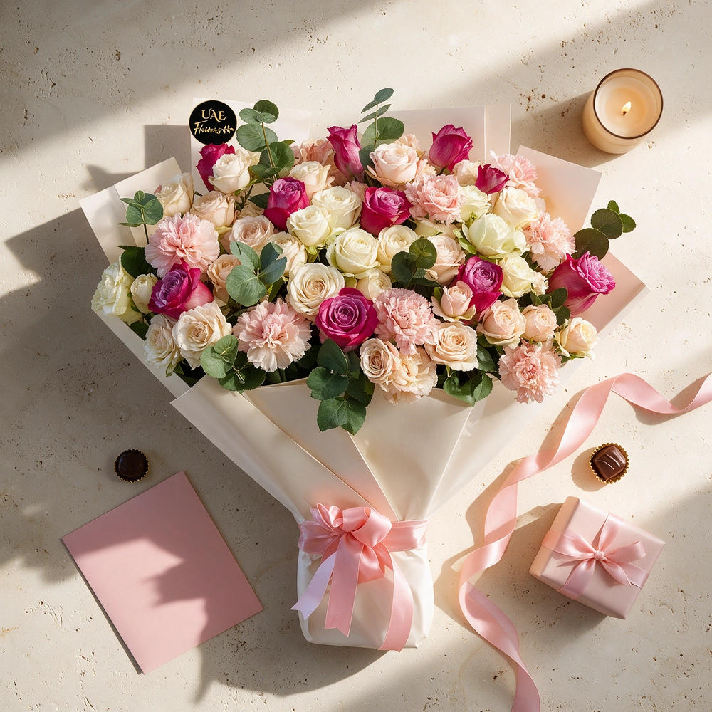 purple roses, 6 pink spray roses, 6 white spray roses and 6 pink carnations