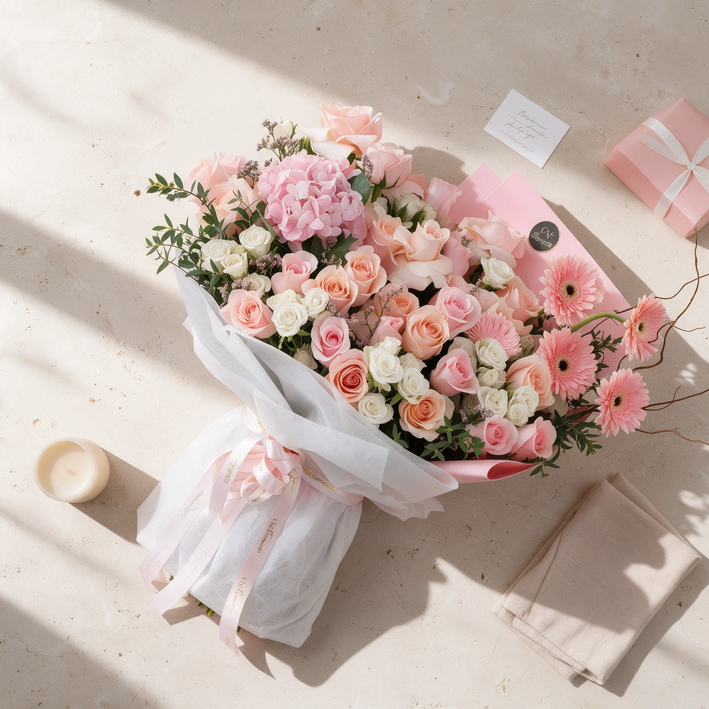 bouquet of pink roses, gerberas,  white spray roses, and hydrangea