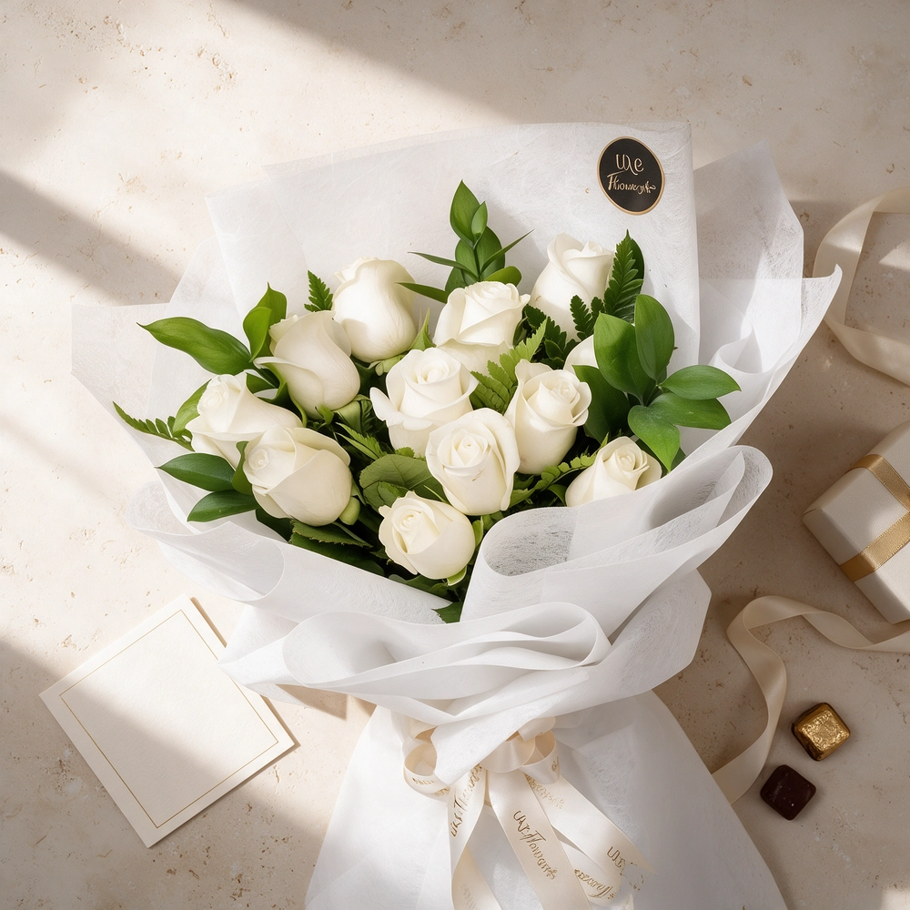 Bouquet of 12 white roses with green fillers in white wrapping paper.