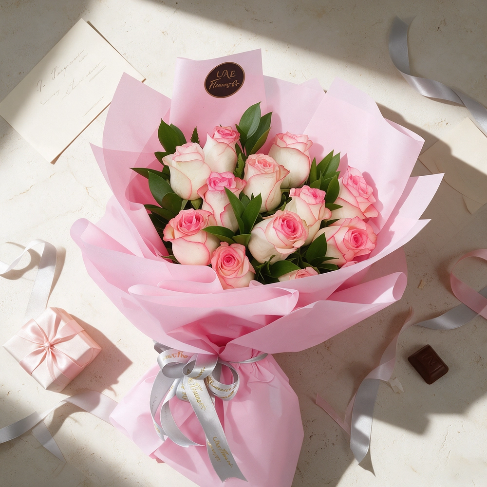 Bouquet of 12 pink roses with green fillers in pink wrapping paper.