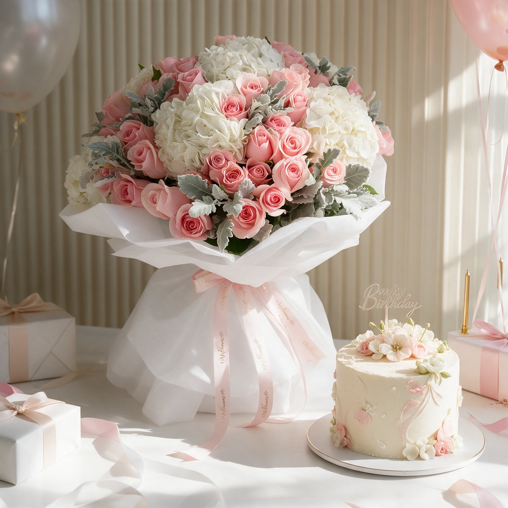 Luxury pink roses and white hydrangeas bouquet UAE