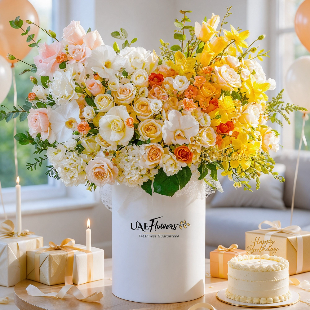 An arrangement of white lisianthus, peach spray carnations, white hydrangeas, yellow roses, orange roses, peach roses, cream roses, sprayed Yellow roses, sprayed yellow orchids and white cymbidium orchid with green fillers in a tall round box.