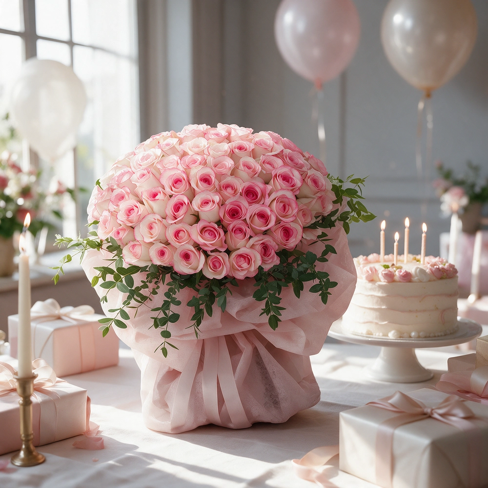 Bouquet of 40 Pink Roses with green fillers in nice wrapping