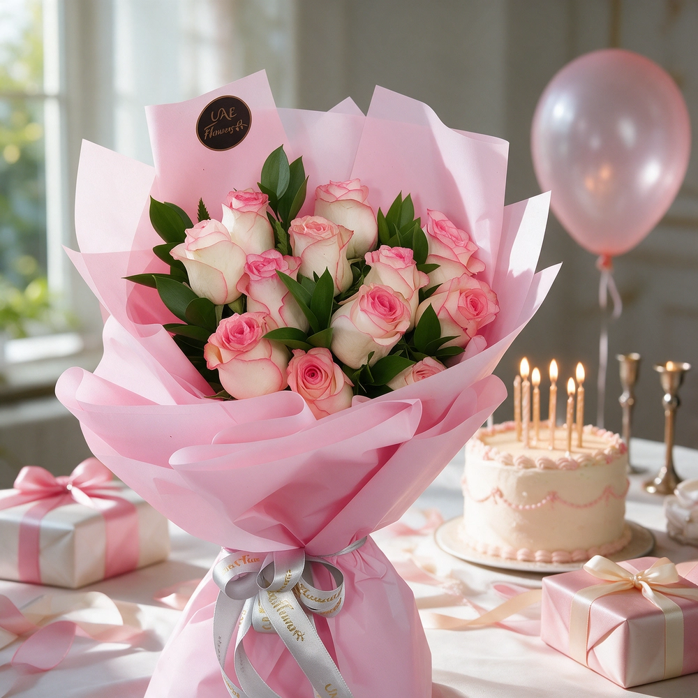 Bouquet of 12 pink roses with green fillers in pink wrapping paper.