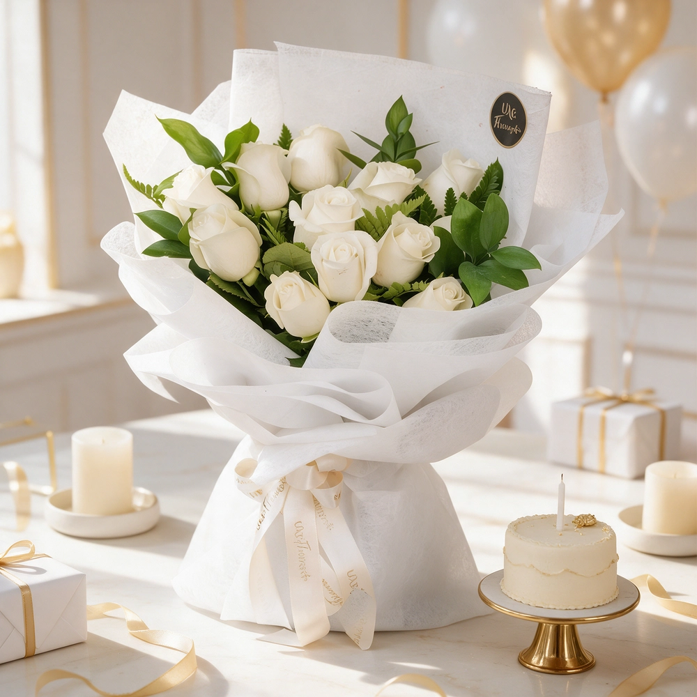 Bouquet of 12 white roses with green fillers in white wrapping paper.
