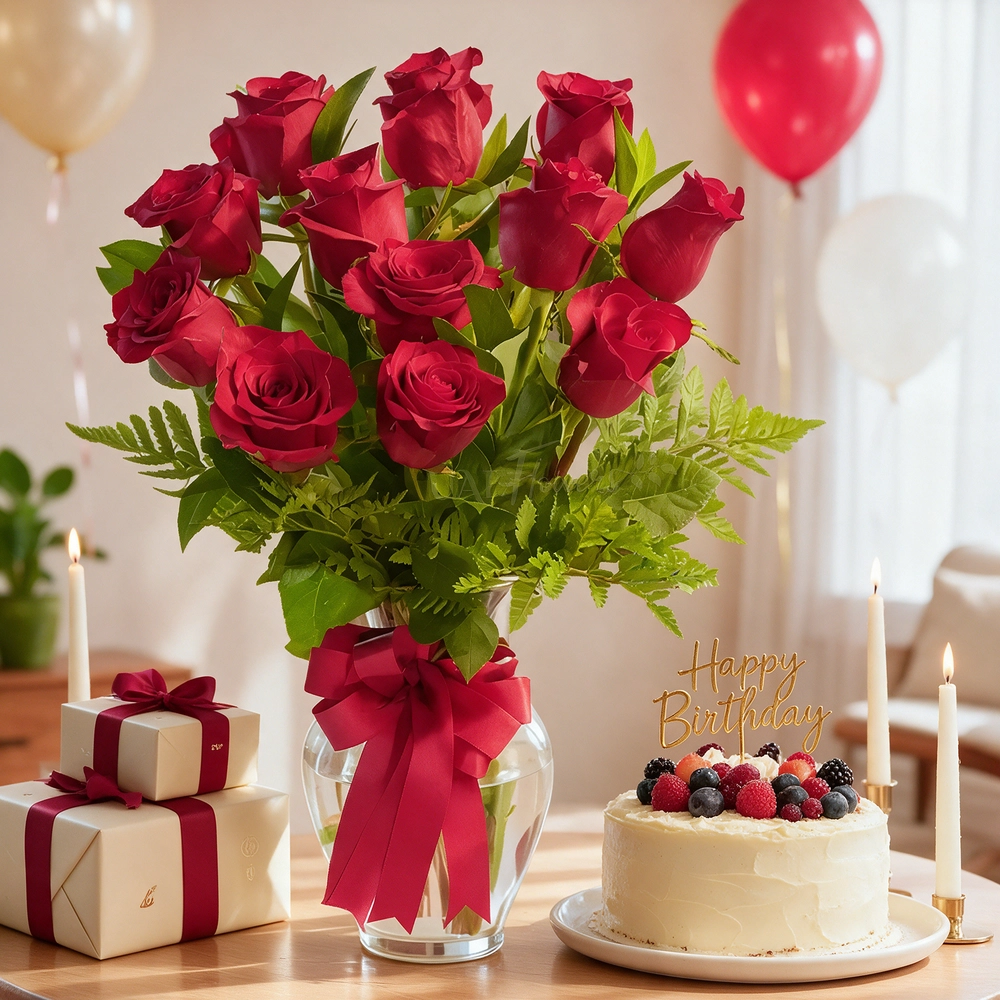 Clear glass vase with 12 red roses, eucalyptus, and green foliage, tied with a red satin ribbon.