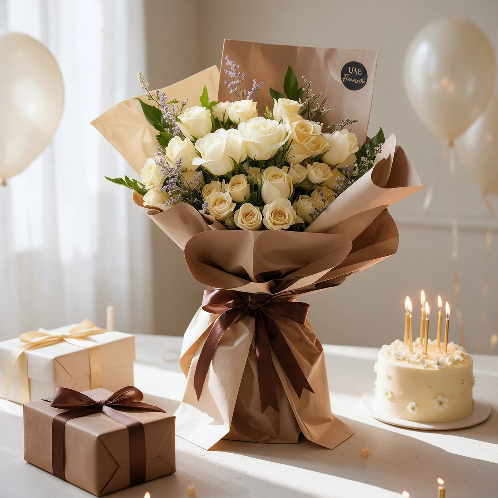 Bouquet of 8 white and peach roses with 2 peach spray roses and green fillers, wrapped in paper and tied with ribbons.