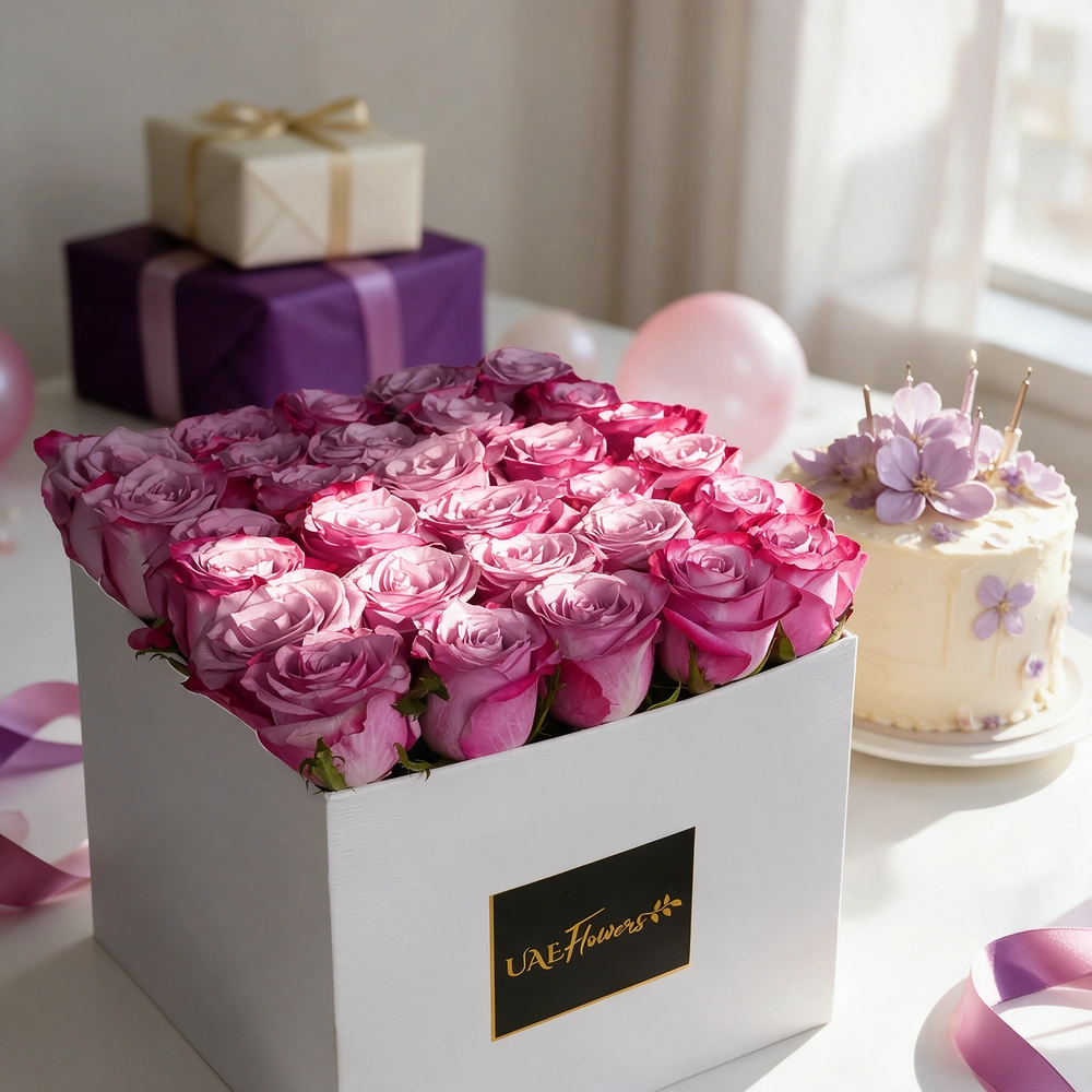 30 purple roses arranged in a white square box