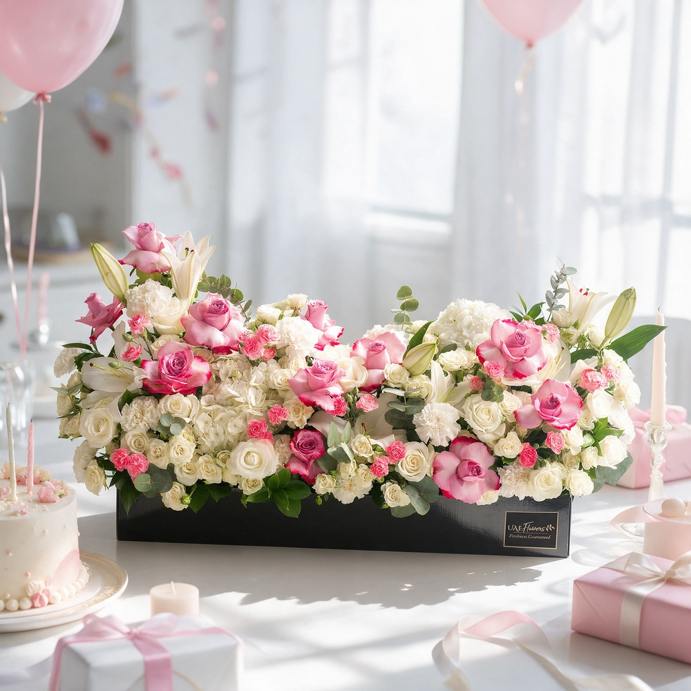 Arrangement of 5 white lilies, 15 purple roses, 15 white roses, 10 white carnations, 10 pink carnations, 10 white spray roses and 2 white hydrangeas with green fillers in a long black box.