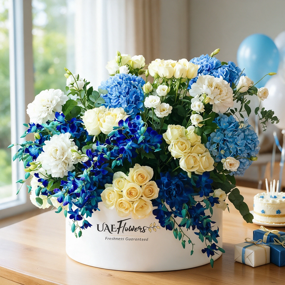 4 blue and 4 white hydrangeas, 30 orchids, 50 roses, and 10 lisianthus.