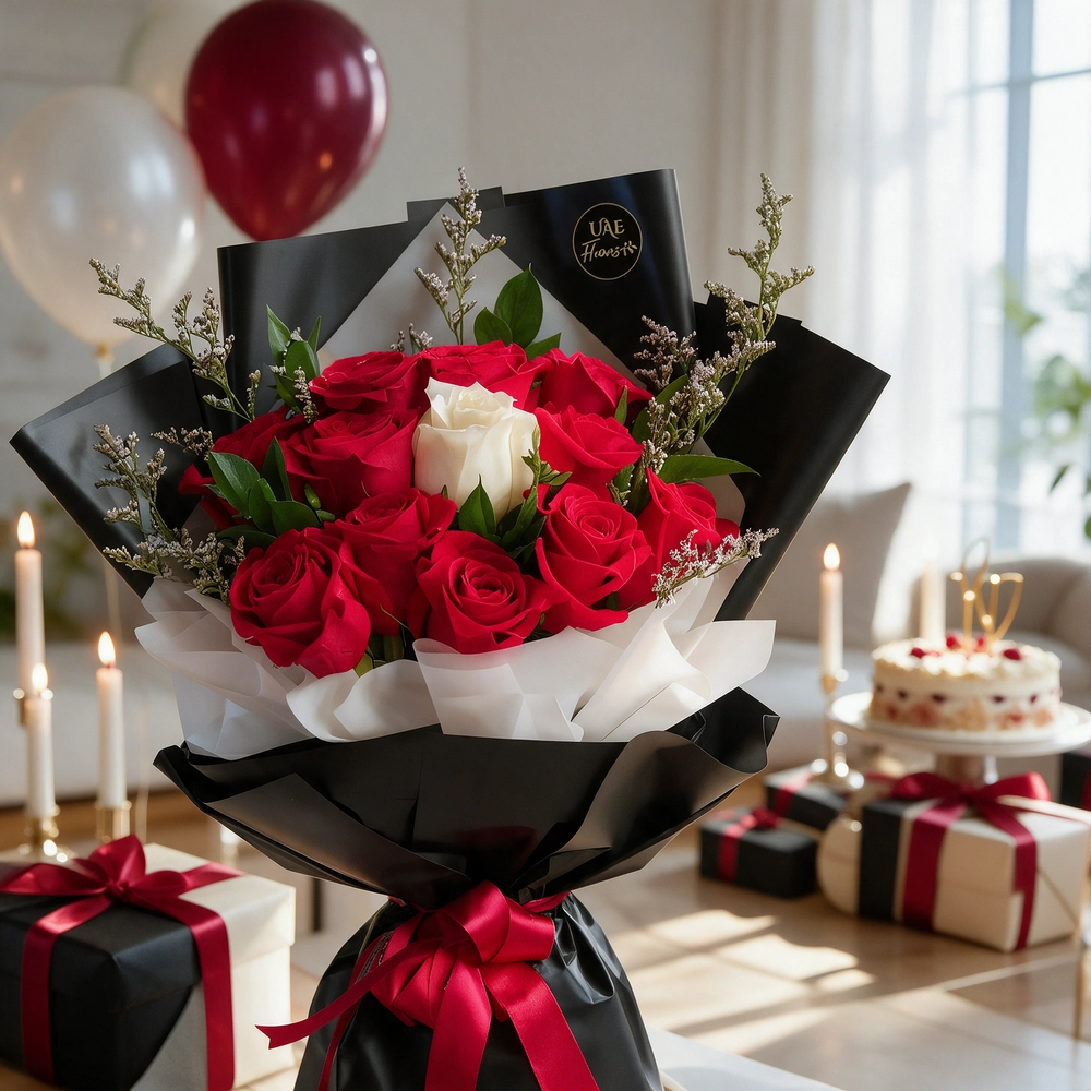 12 red roses and 1 white rose