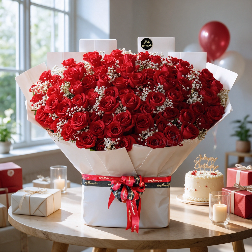 Bouquet of of 100 red roses with baby’s breath