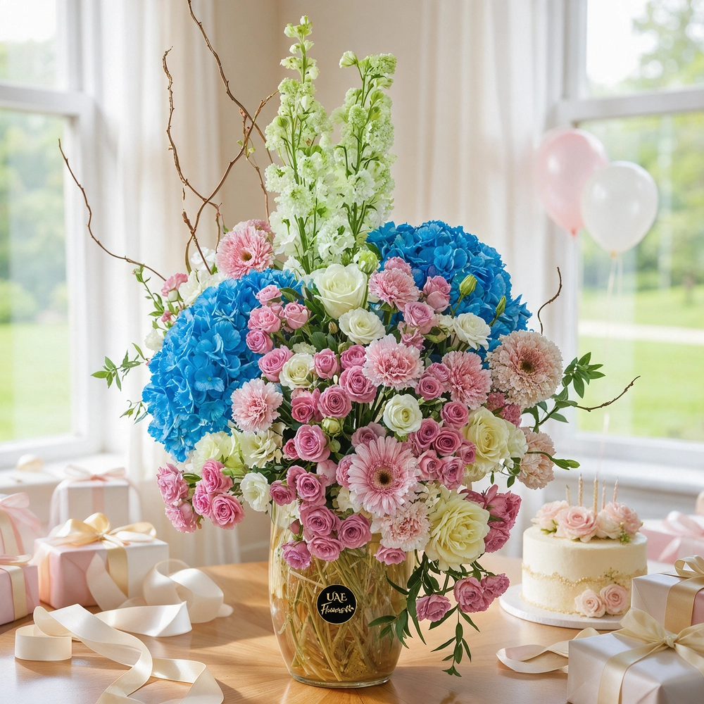 glass vase arrangement of blue hydrangeas, white delphinium, white roses, pink carnations, pink gerberas,