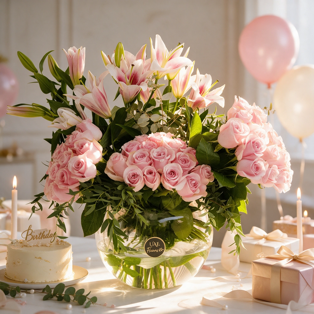 45 pink roses and 3 pink lilies