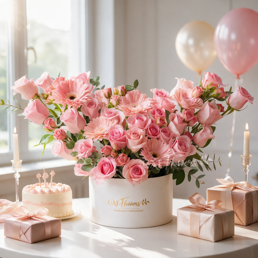 A box arrangement of 5 pink gerberas, 20 pink roses and 3 pink spray roses with green fillers.