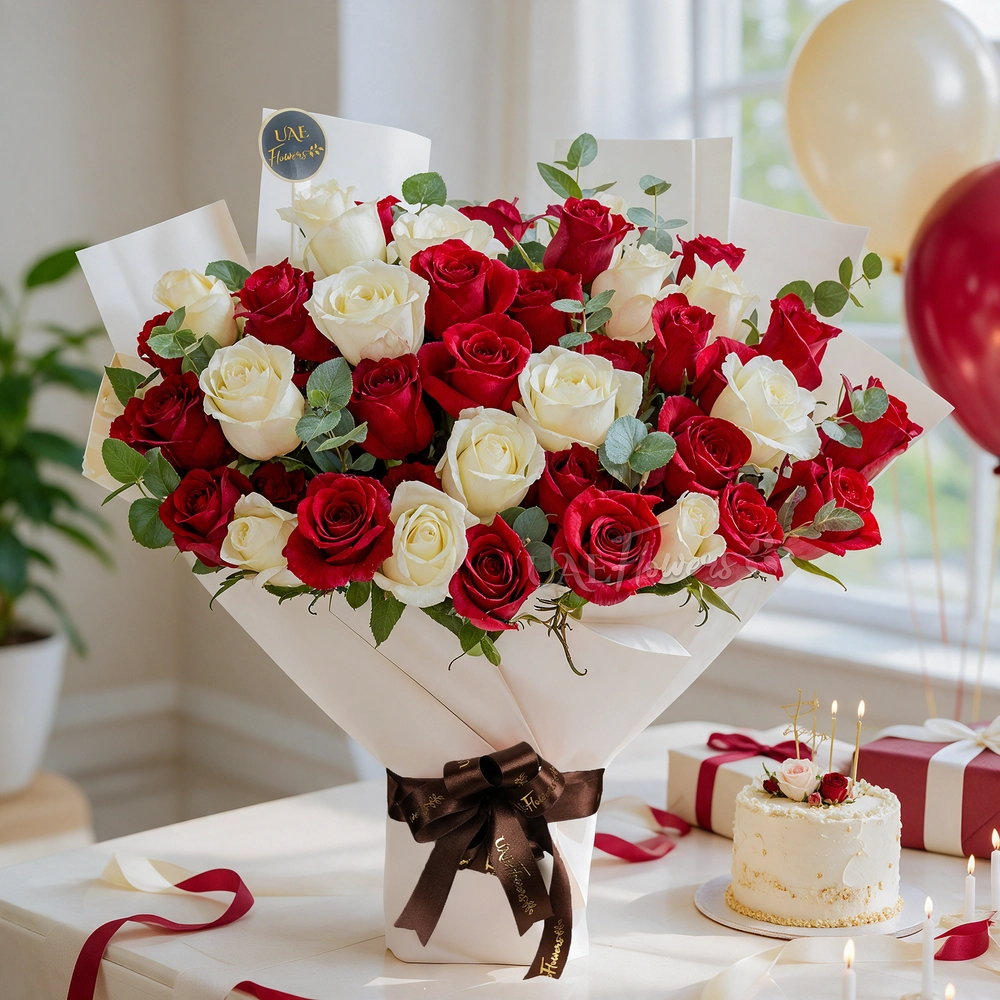 bouquet of 25 red and 15 white roses with green fillers in paper packing tied with ribbons