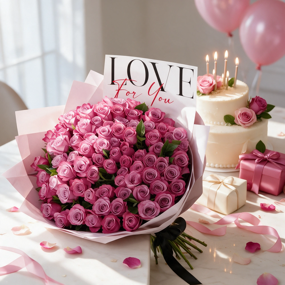 bouquet of 100 purple roses with green fillers,