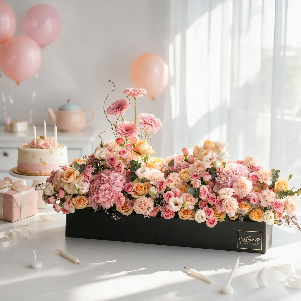 Arrangement of 4 pink gerberas, 3 pink hydrangeas, 20 pink carnations, 20 pink spray roses and 30 peach roses with green fillers in a long black box.