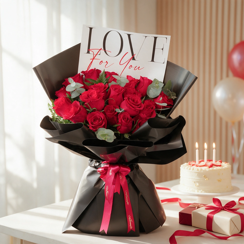 20 red roses with green fillers, wrapped in black and tied with red ribbons.