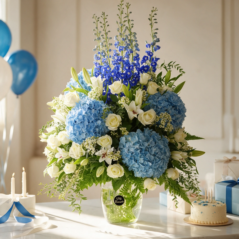 4 blue hydrangeas, 8 white lilies, 5 blue delphinium, and 20 white roses