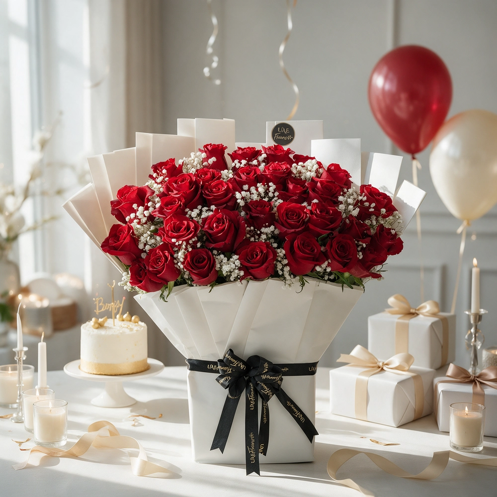 bouquet of 30 red roses with green fillers