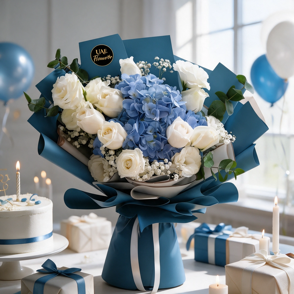 A bouquet of 1 blue hydrangea and 14 white rose with baby breath in blue and white wrapping paper tied with white ribbon